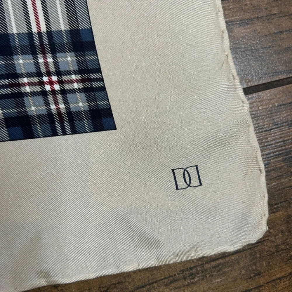 Doncaster Collection Vintage 100% Silk Tan Black Plaid Square Scarf